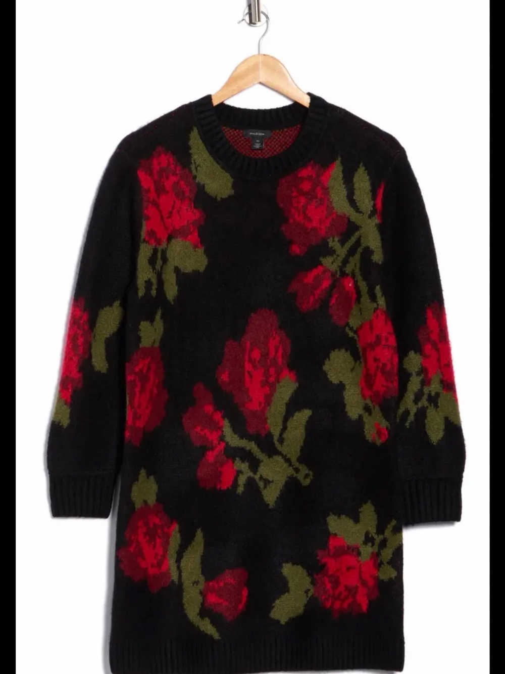 Halogen Black Crewneck Sweater Dress with Red Floral & Olive Leaves